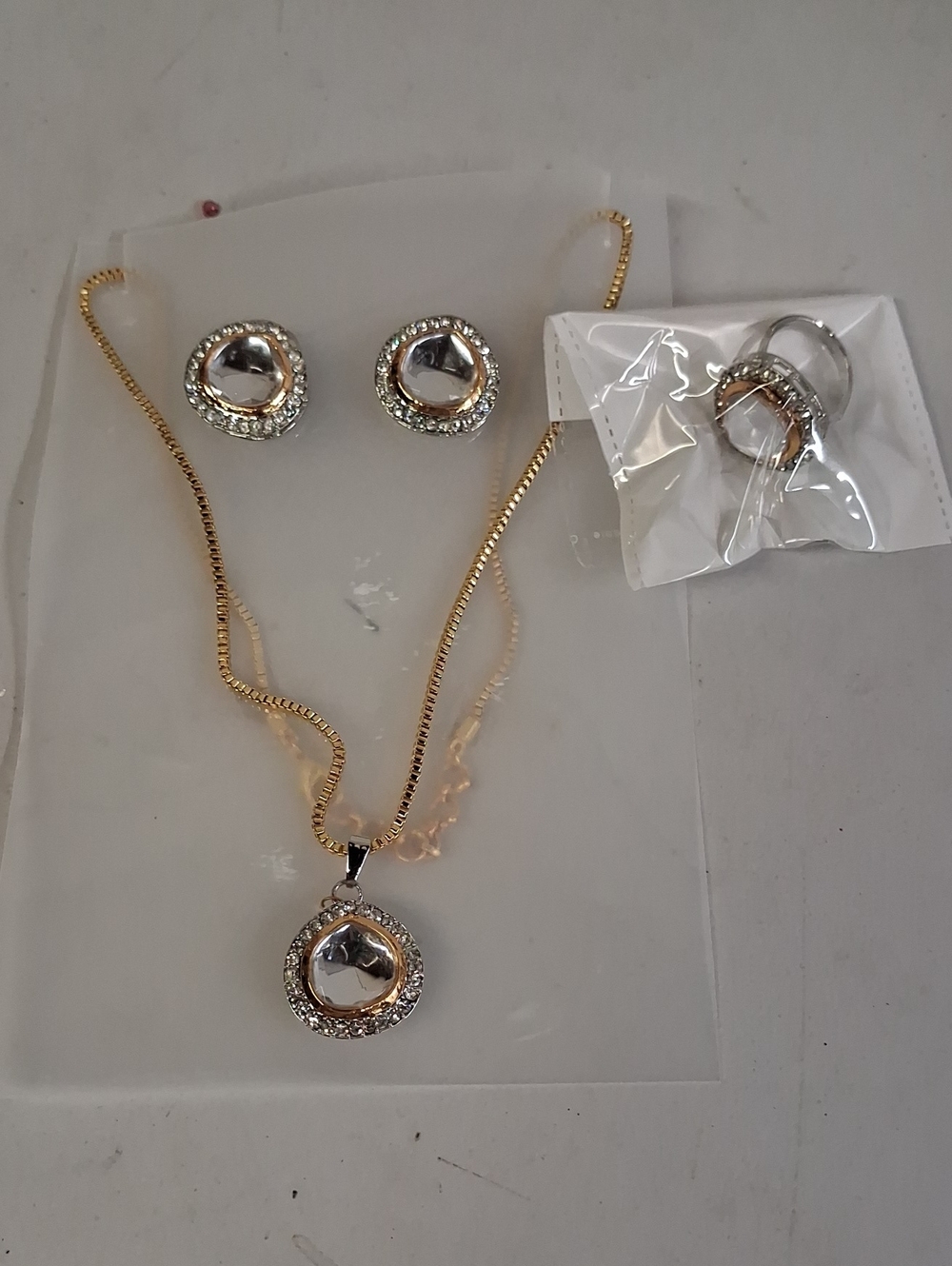 Kundan Gold and Silver Crystal Pendant Necklace, Earrings & Ring Set